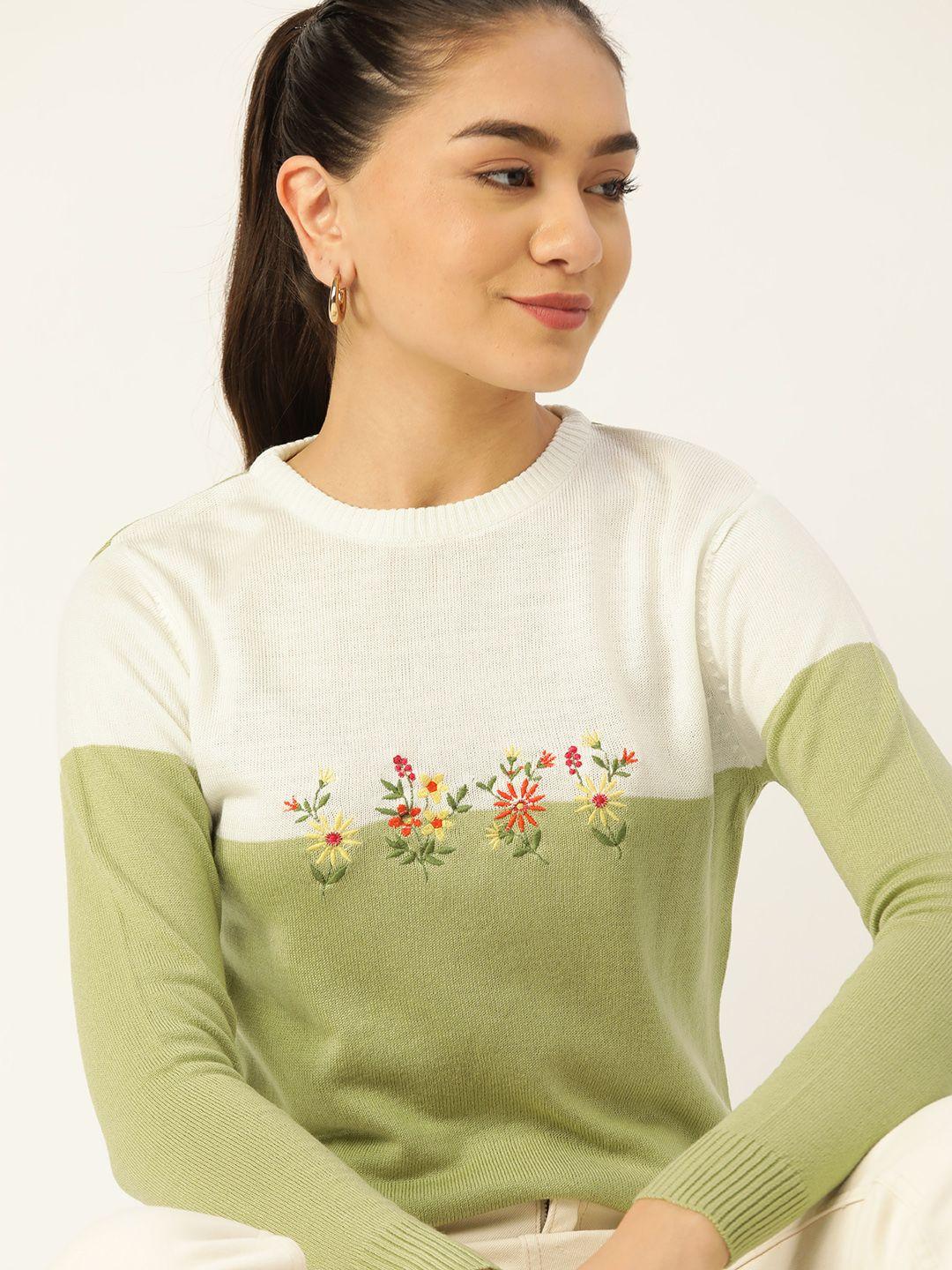 dressberry women white & green colourblocked pullover with embroidered detail