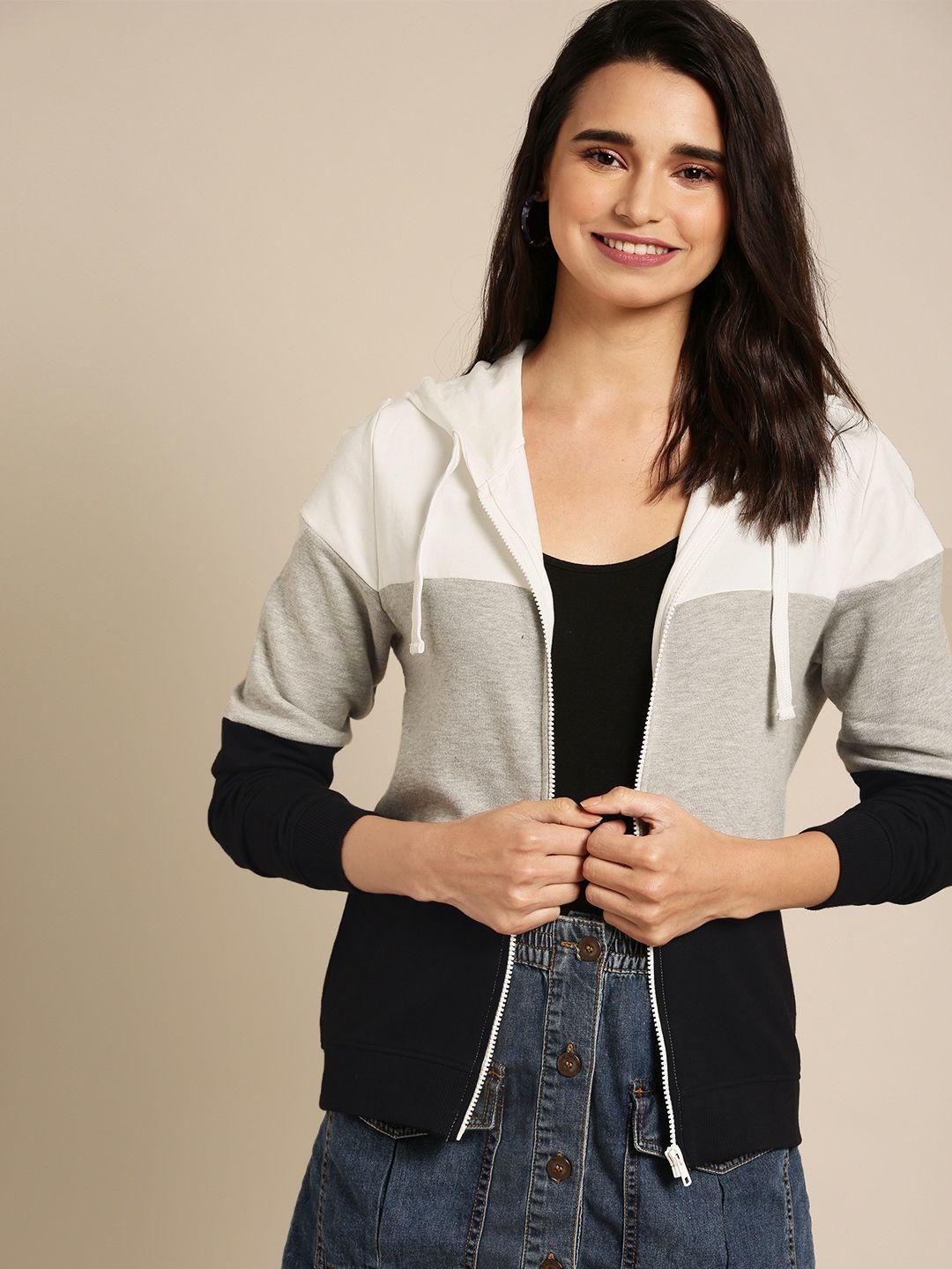 dressberry women white & grey melange colourblocked hooded sweatshirt