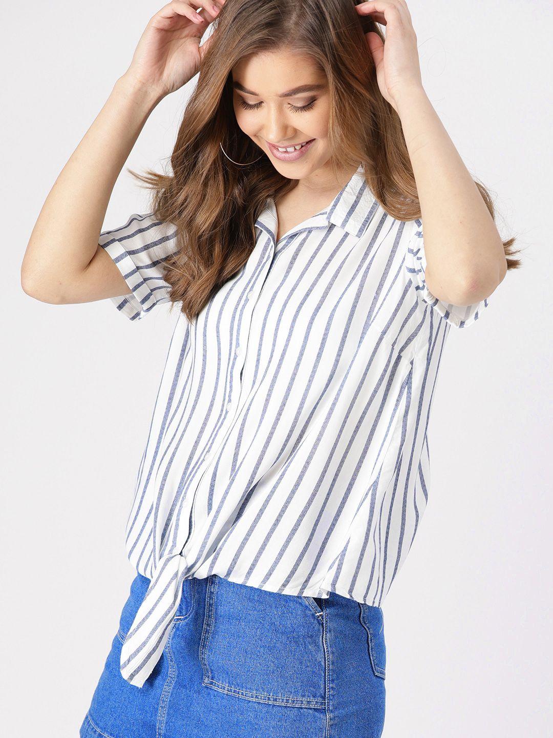 dressberry women white & navy blue regular fit striped casual shirt