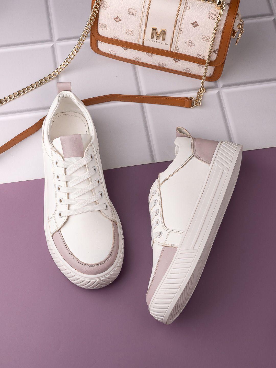 dressberry women white & pink lightweight comfort insole lace-up sneakers
