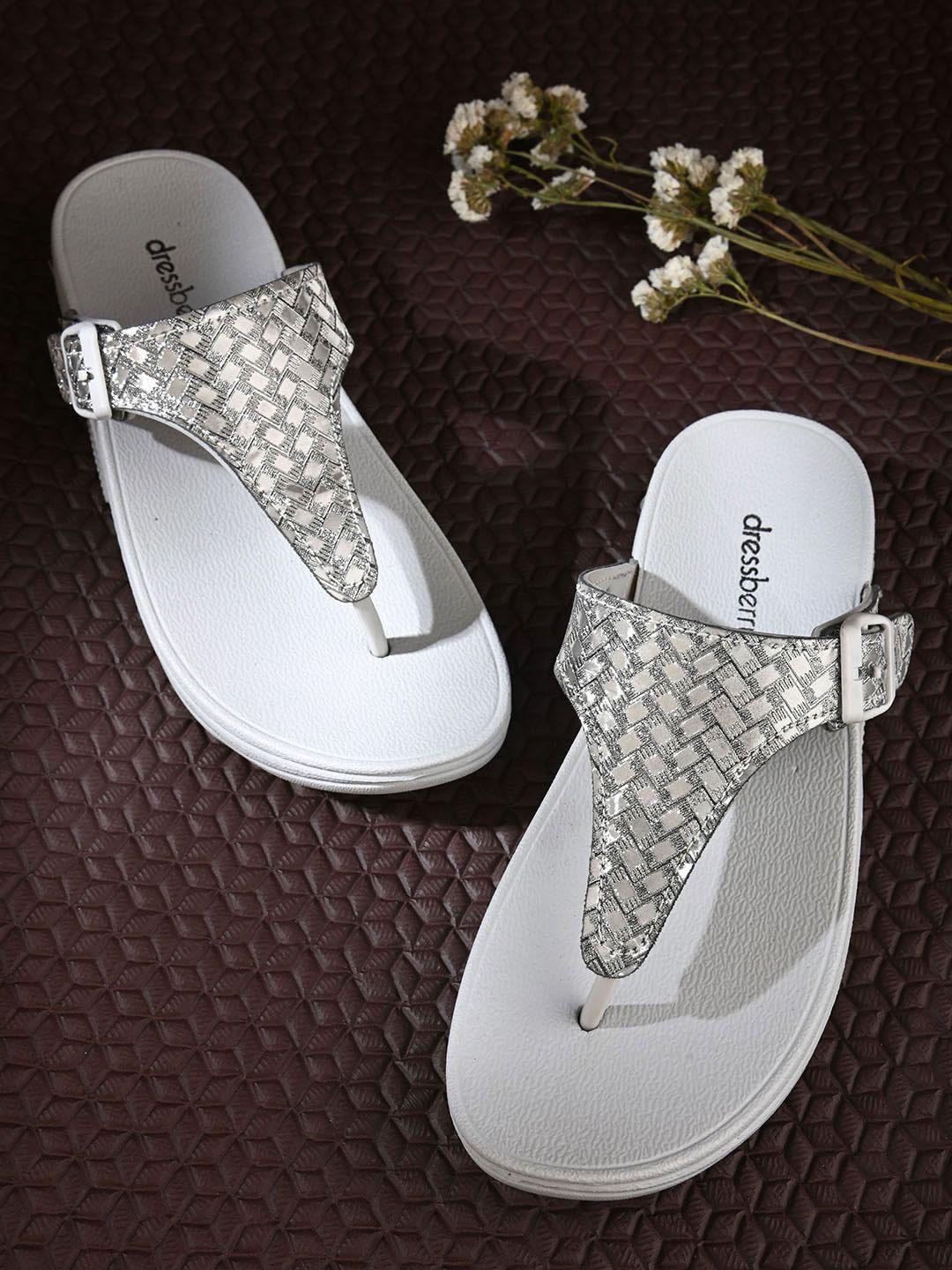 dressberry women white textured open toe flats with buckle detail