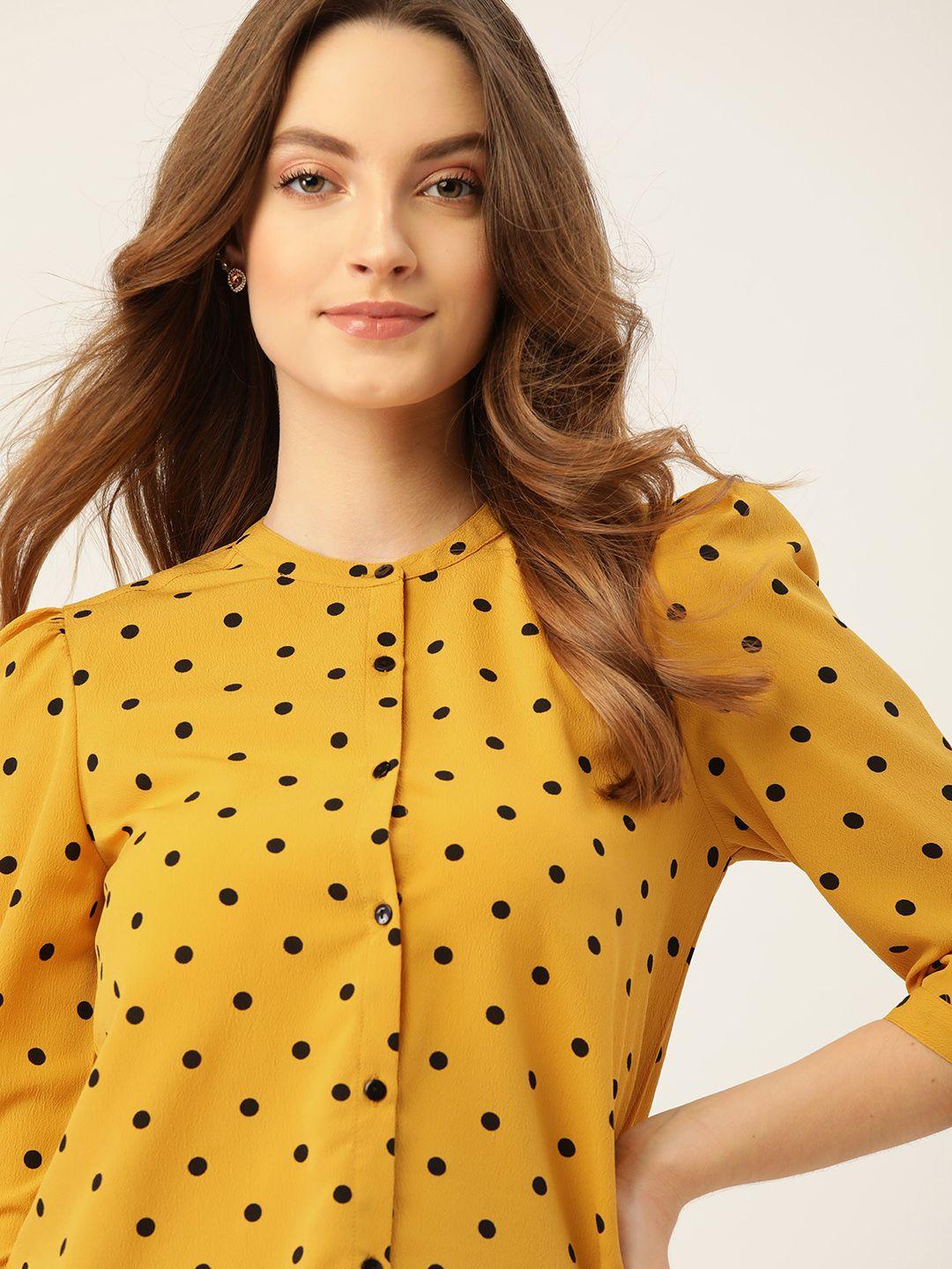 dressberry women yellow & black polka dots print casual shirt