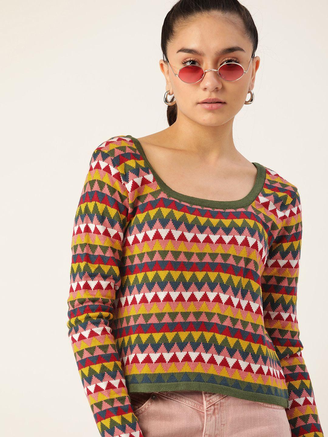 dressberry women yellow & green printed pullover