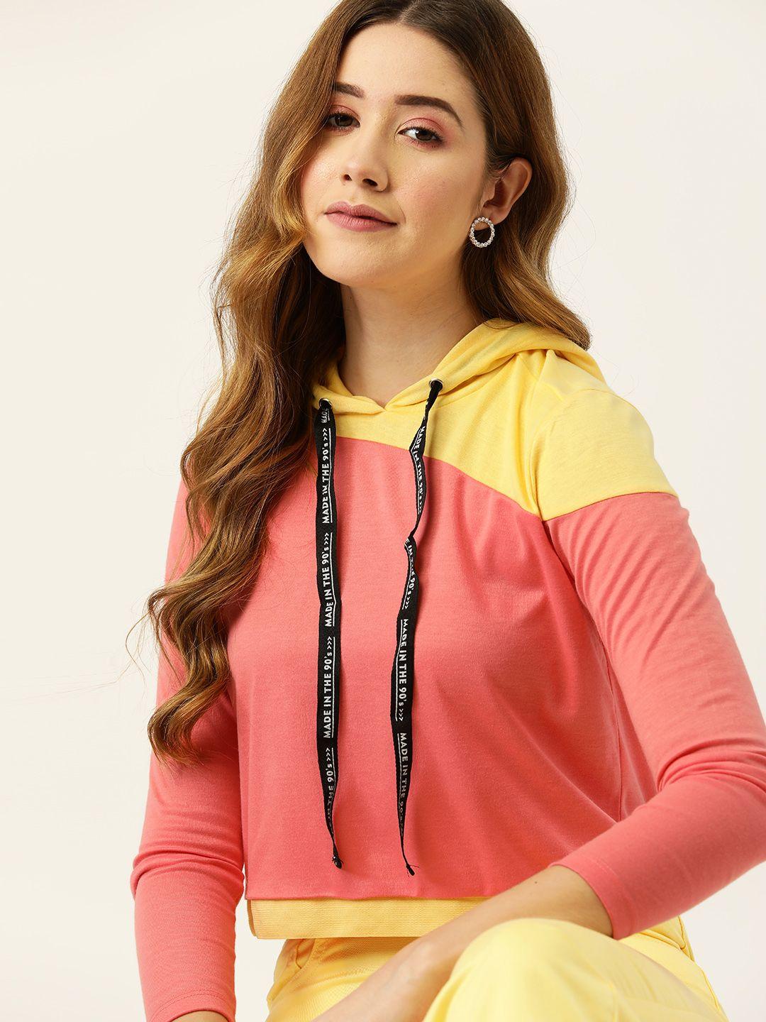 dressberry women yellow & pink colourblocked crop t-shirt