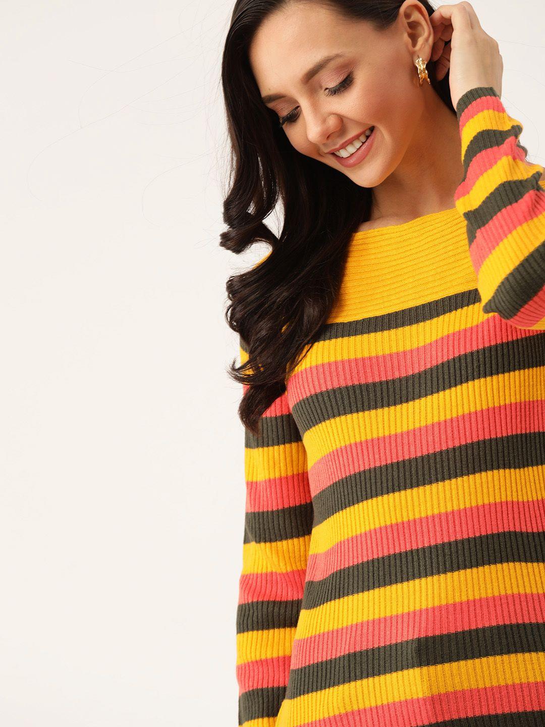 dressberry women yellow & pink striped pullover sweater