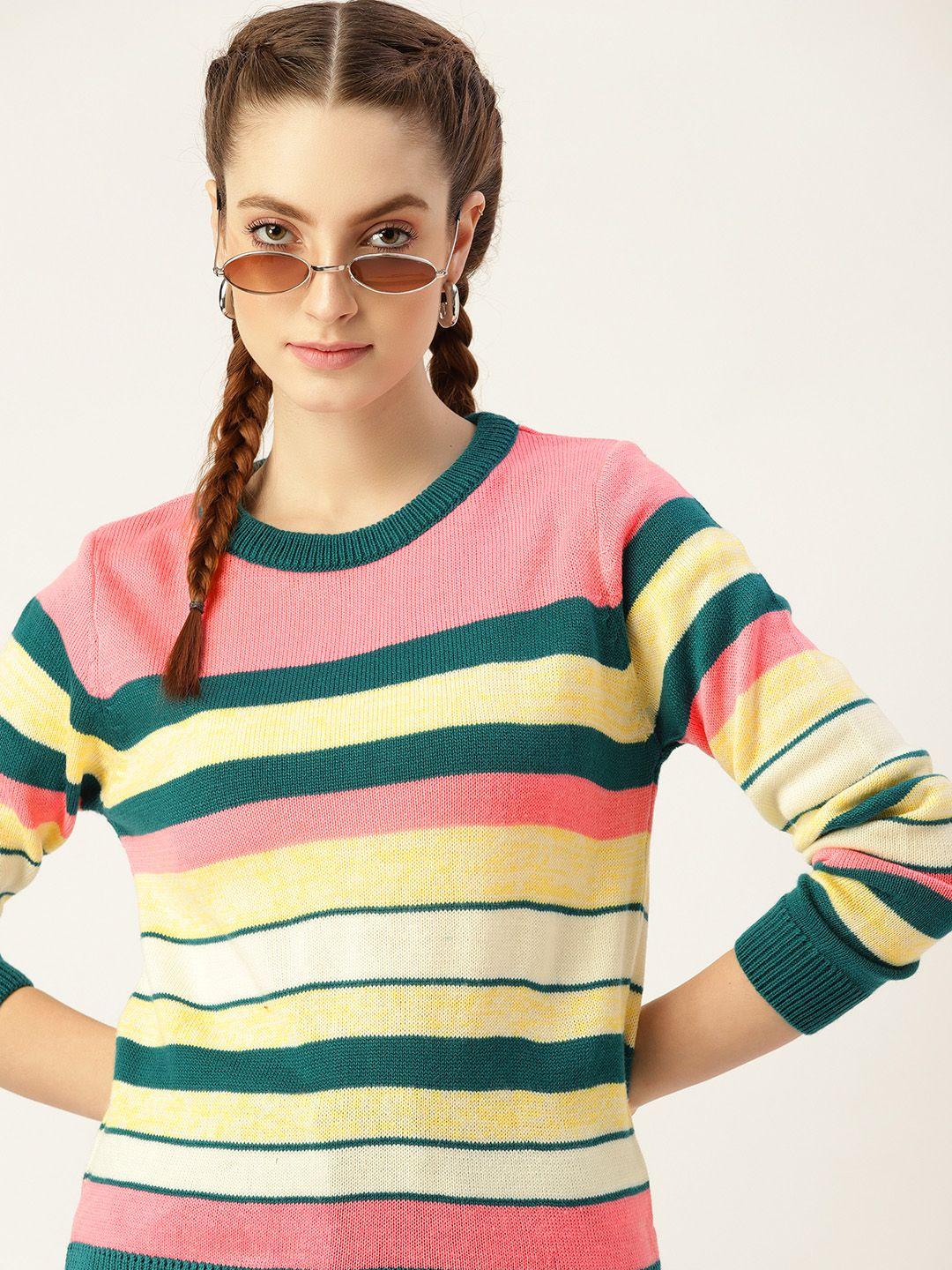 dressberry women yellow & pink striped pullover