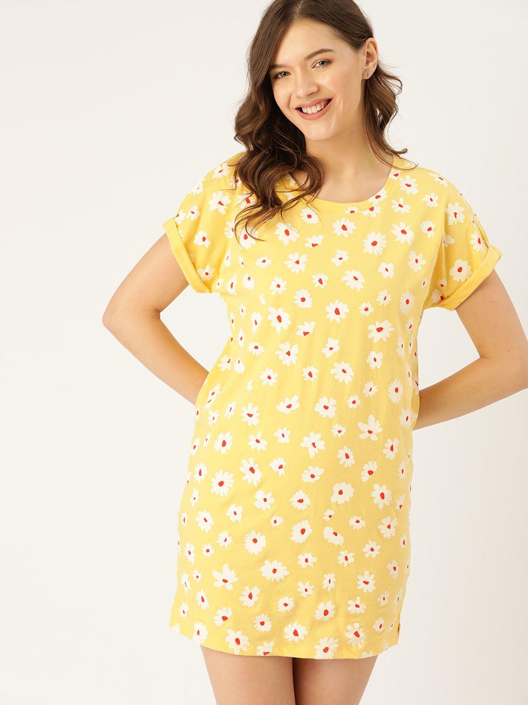 dressberry women yellow & white printed pure cotton sleep shirt