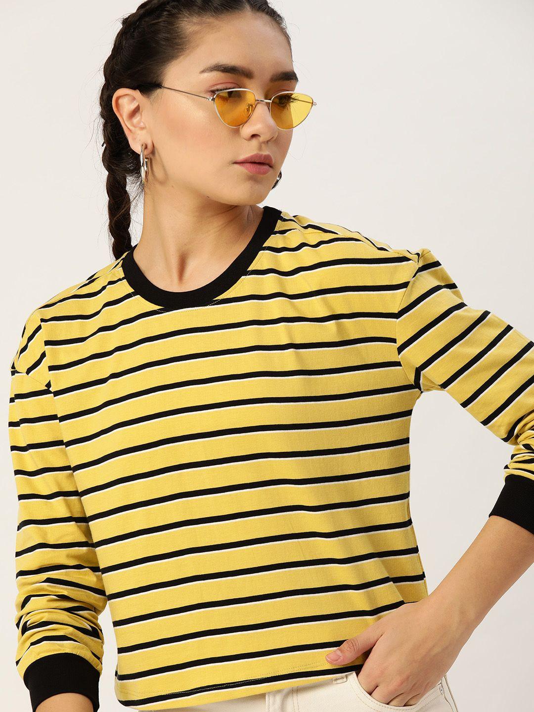 dressberry women yellow  black pure cotton striped pure cotton t-shirt