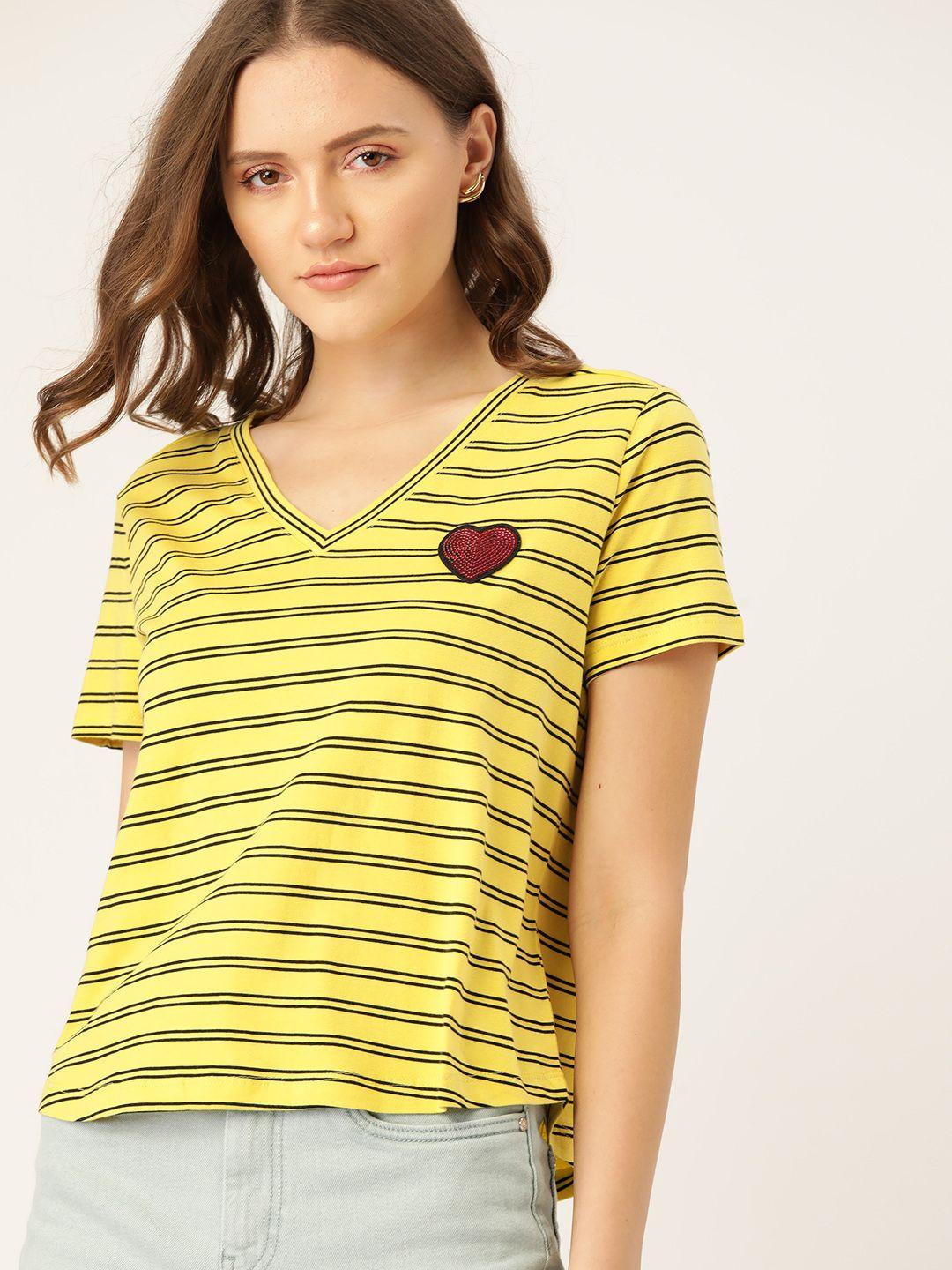 dressberry women yellow  black pure cotton striped v-neck applique pure cotton t-shirt