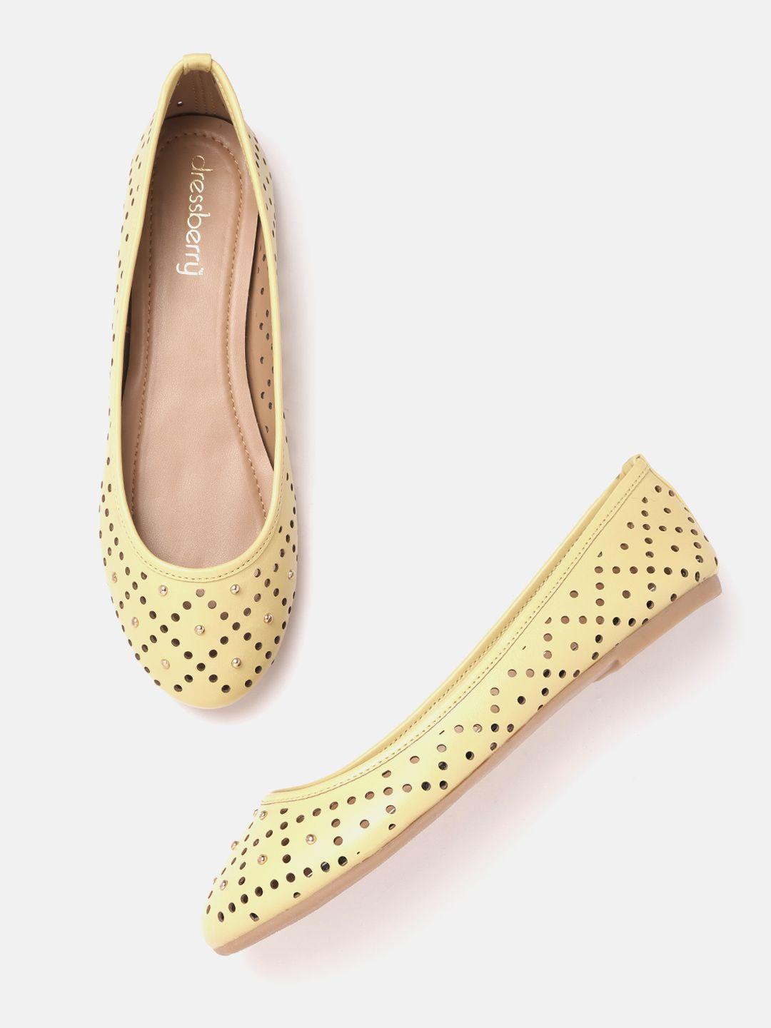 dressberry women yellow laser cut ballerinas with embellished detail