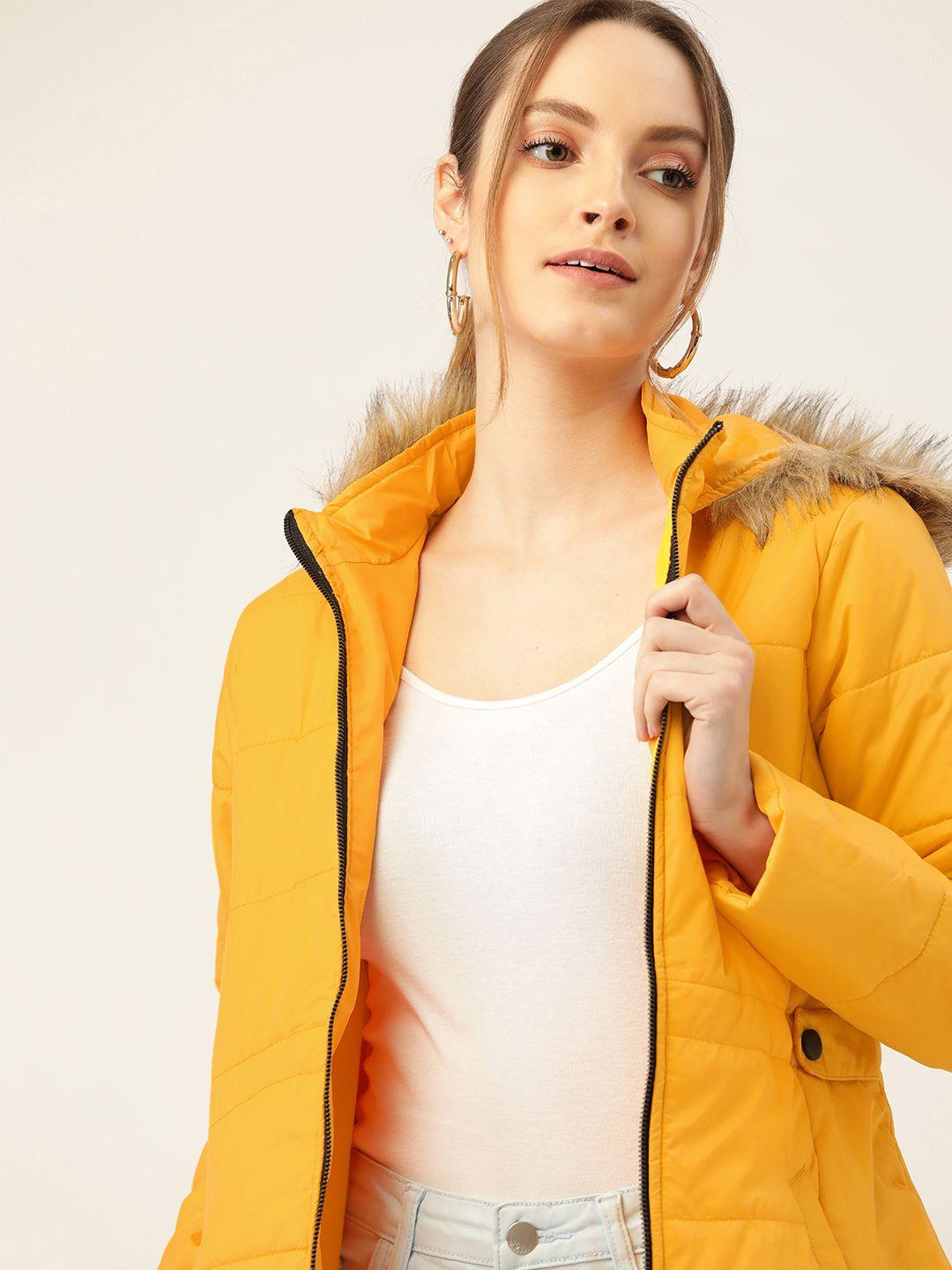 dressberry women yellow solid hooded faux fur parka jacket