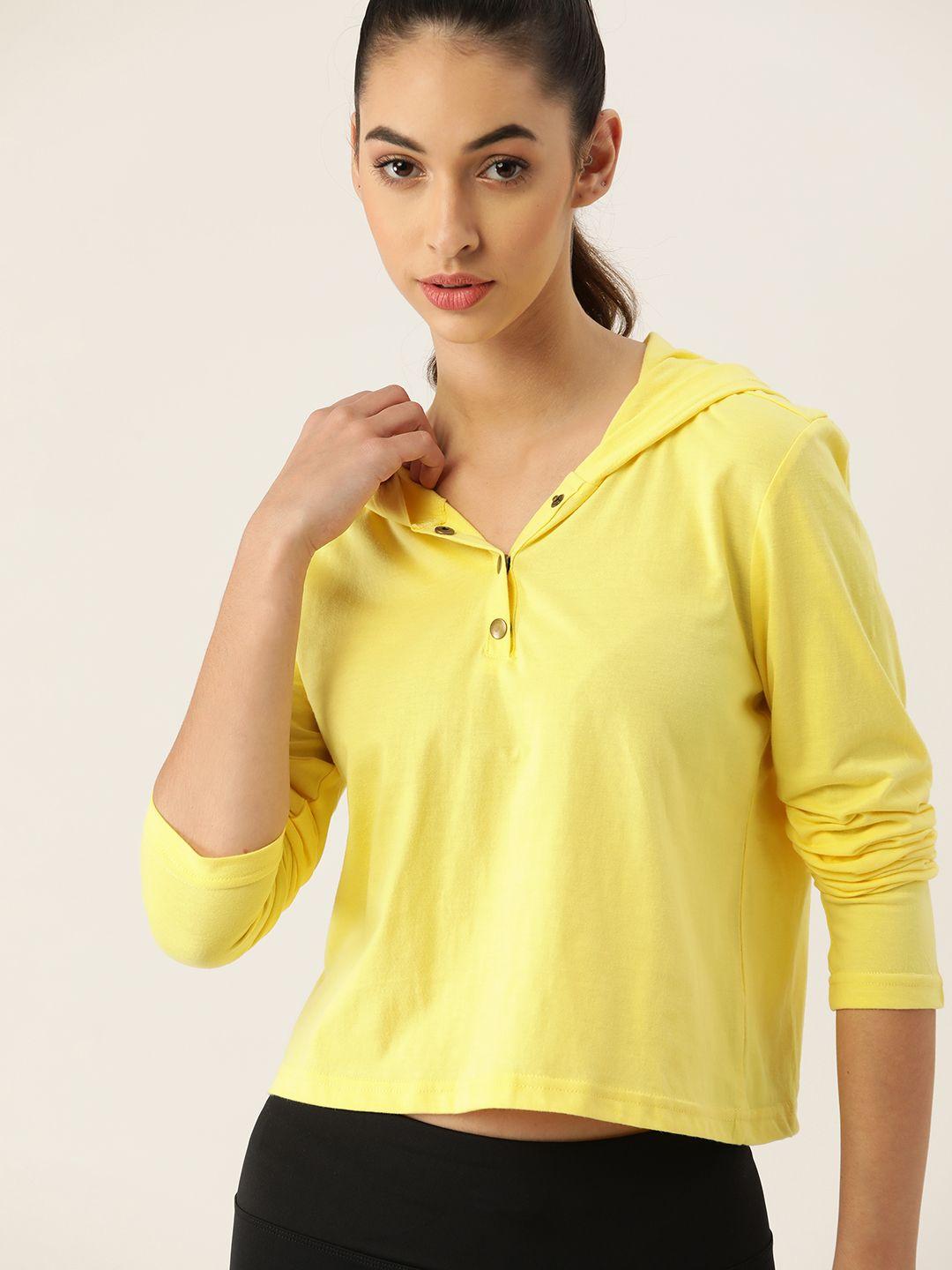 dressberry women yellow solid hooded t-shirt