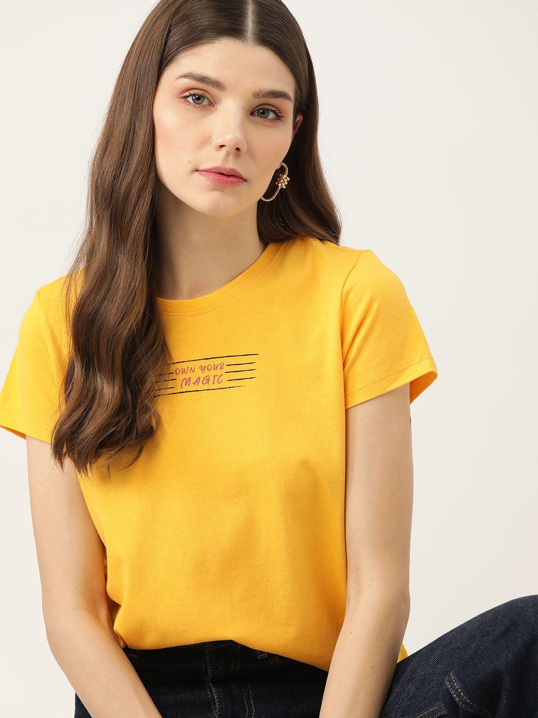 dressberry women yellow typography printed t-shirt
