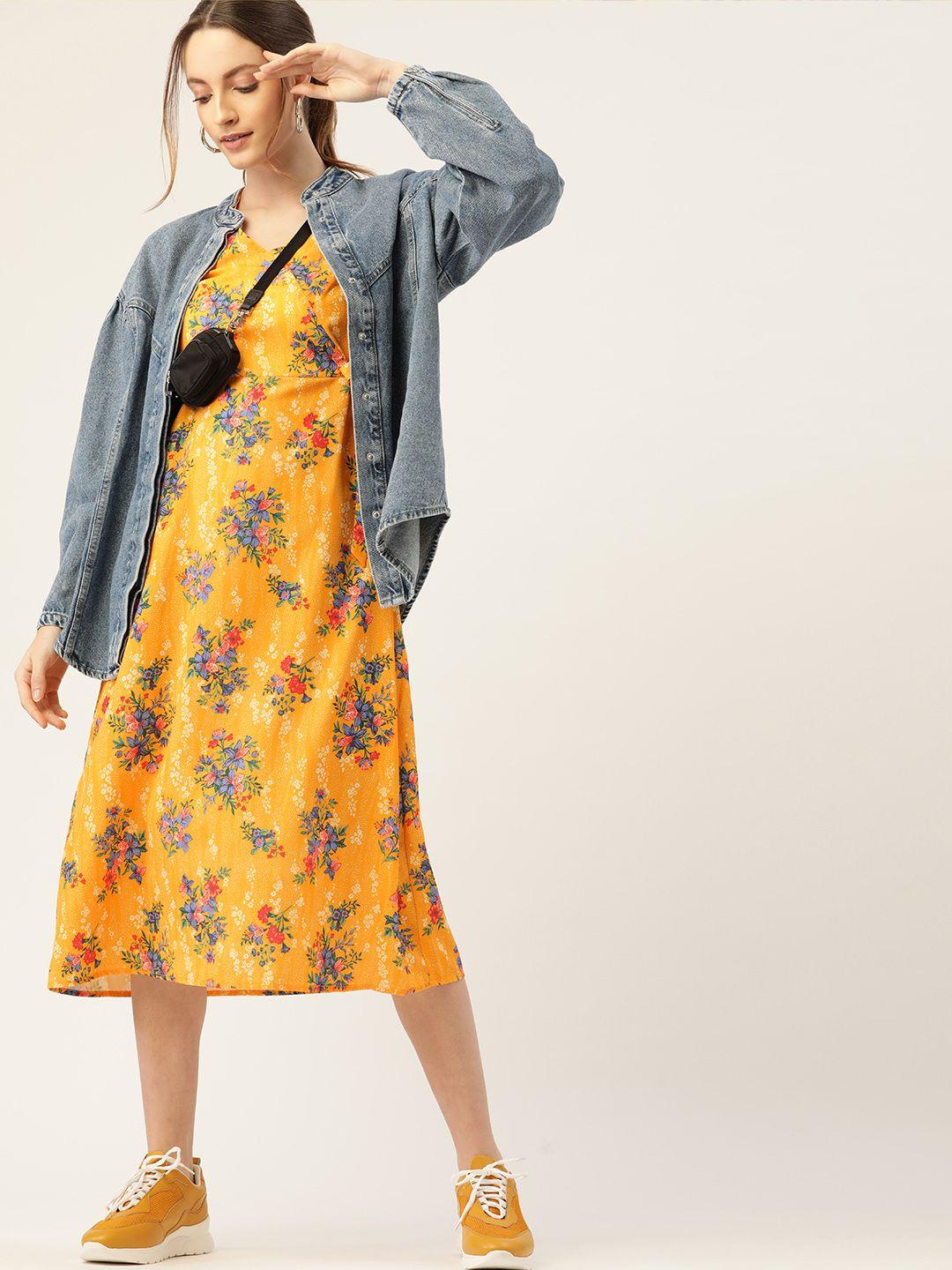 dressberry yellow & blue floral midi wrap dress