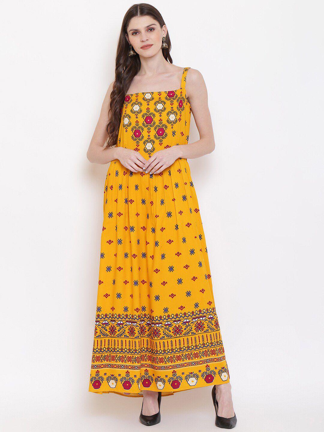 dressberry yellow & navy blue ethnic motifs printed sleeveless a line maxi dress