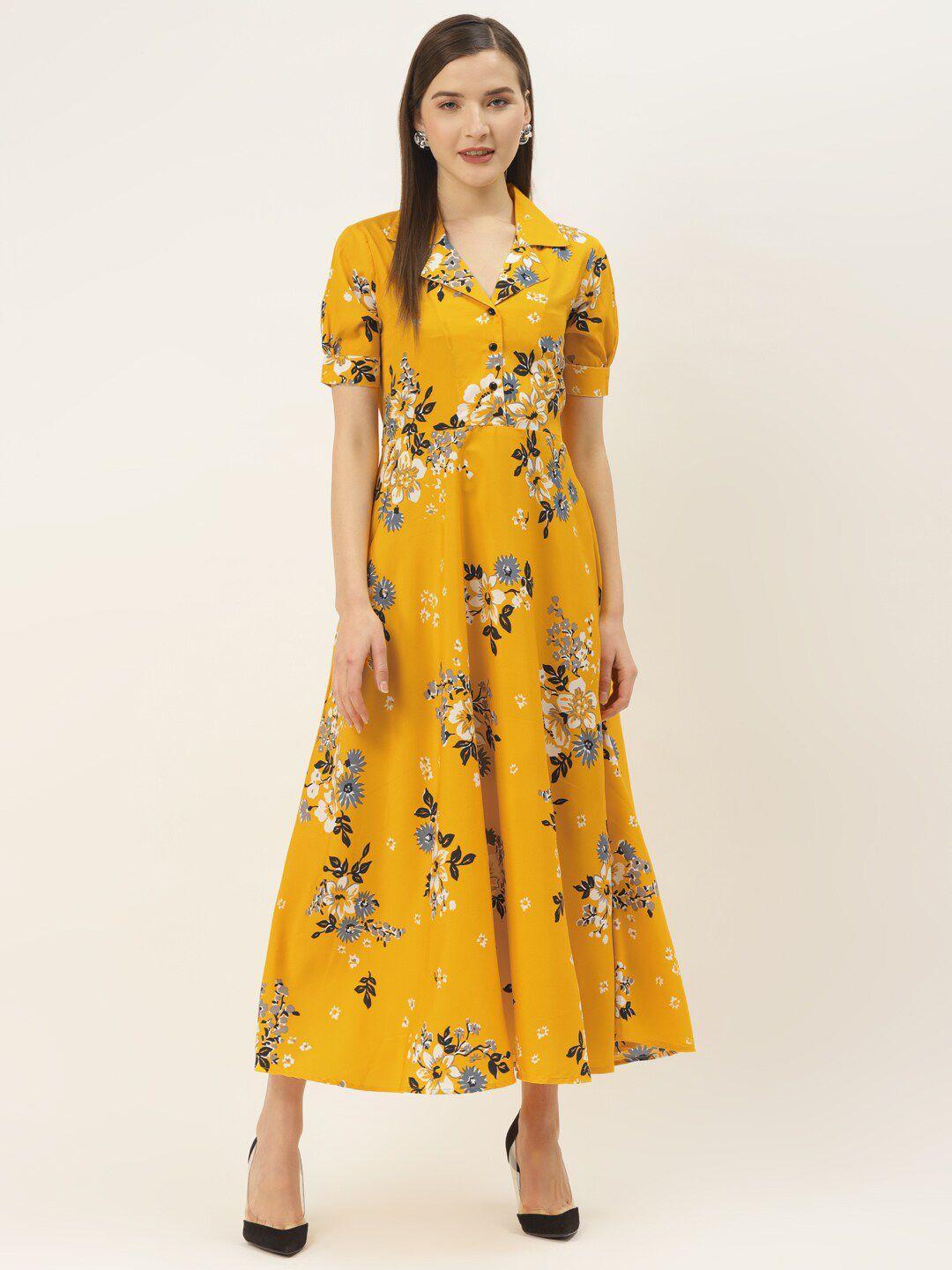 dressberry yellow floral print crepe fit & flare maxi dress