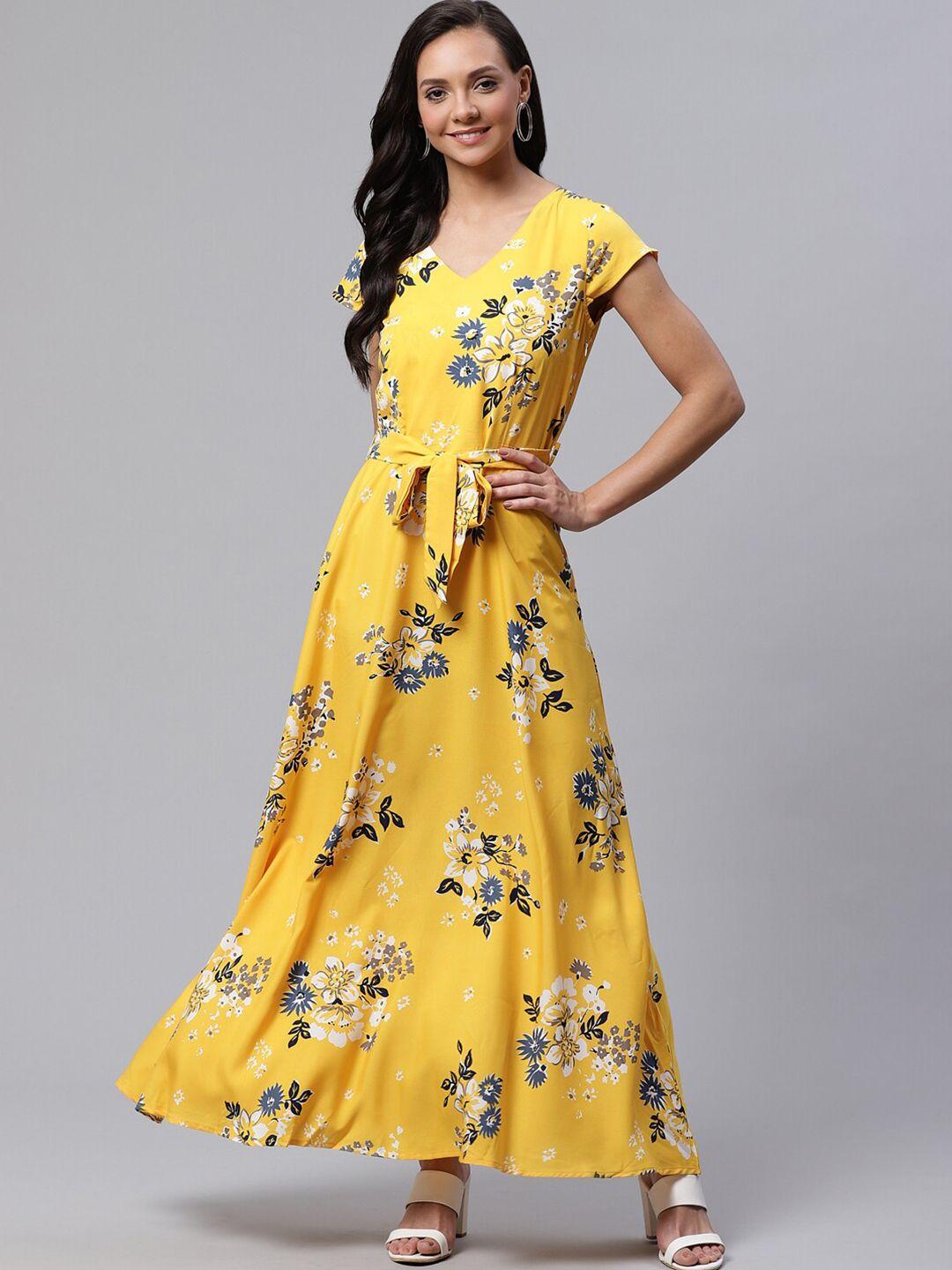 dressberry yellow floral print crepe maxi dress