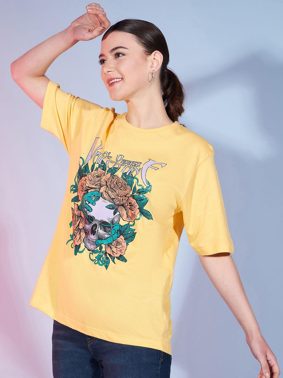 dressberry yellow floral printed cotton round neck raw edge t-shirt