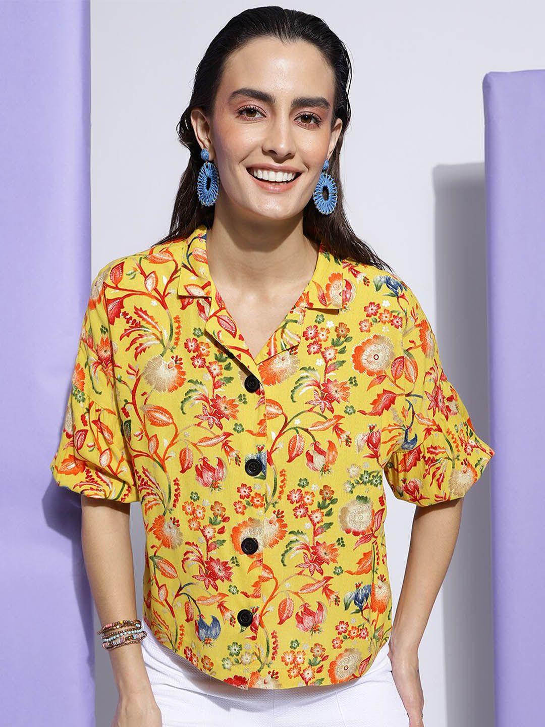 dressberry yellow floral printed cuban collar shirt style top