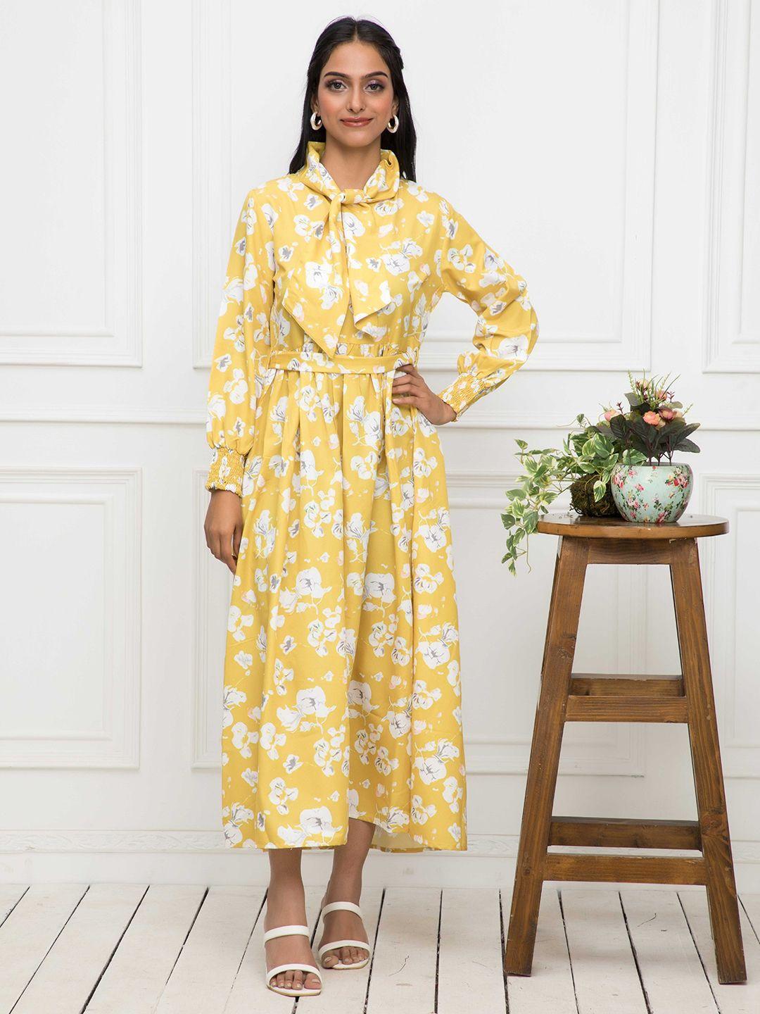 dressberry yellow floral printed tie- up a-line midi dress