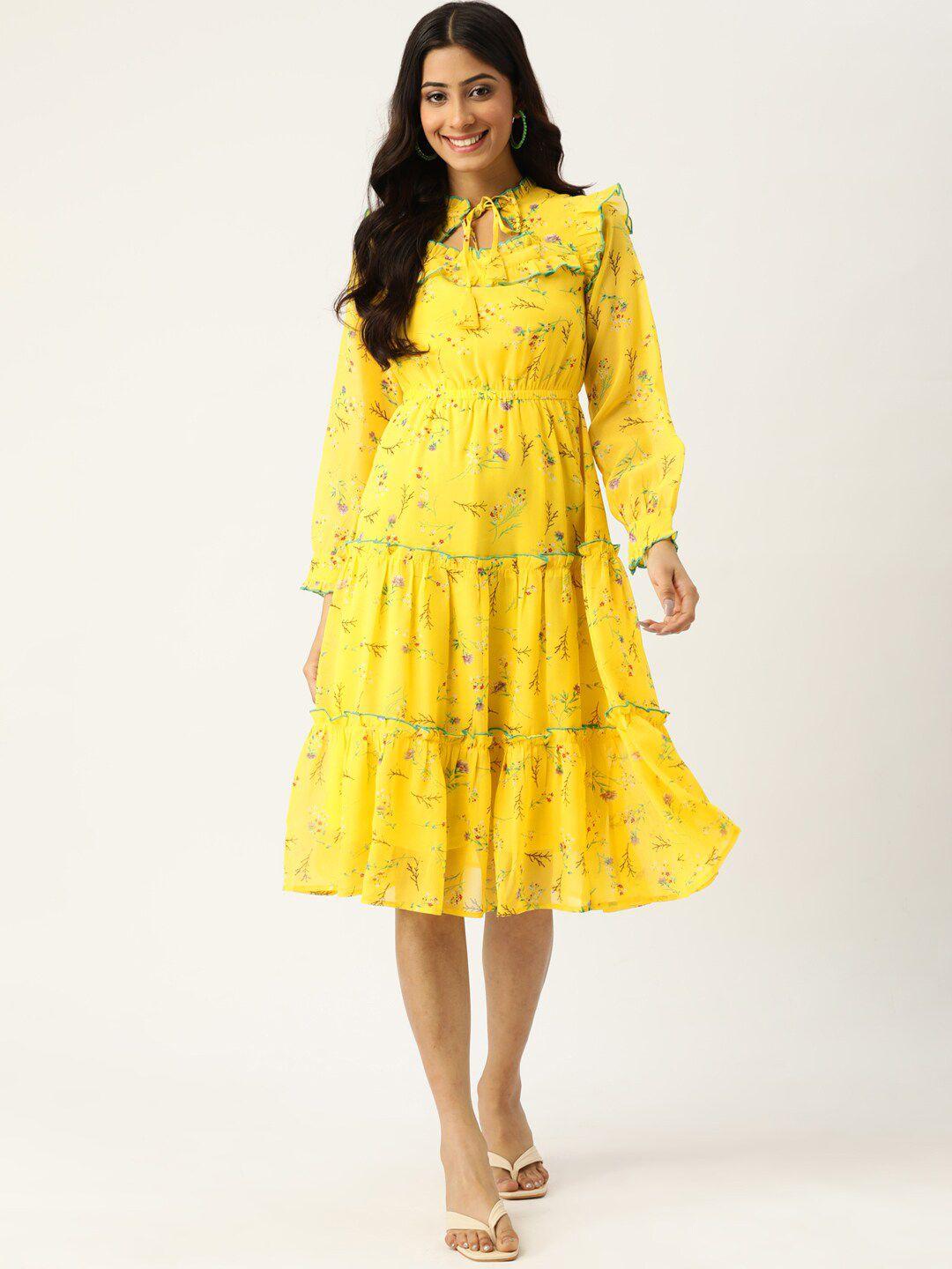 dressberry yellow floral printed tie-up neck cuffed sleeve georgette fit & flare dress