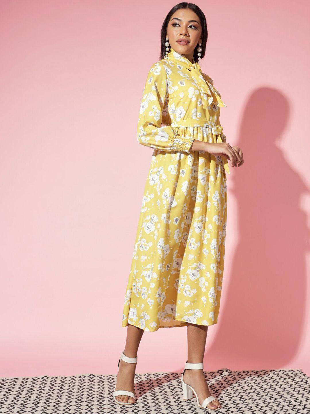 dressberry yellow floral printed tie-up neck fit & flare midi dress