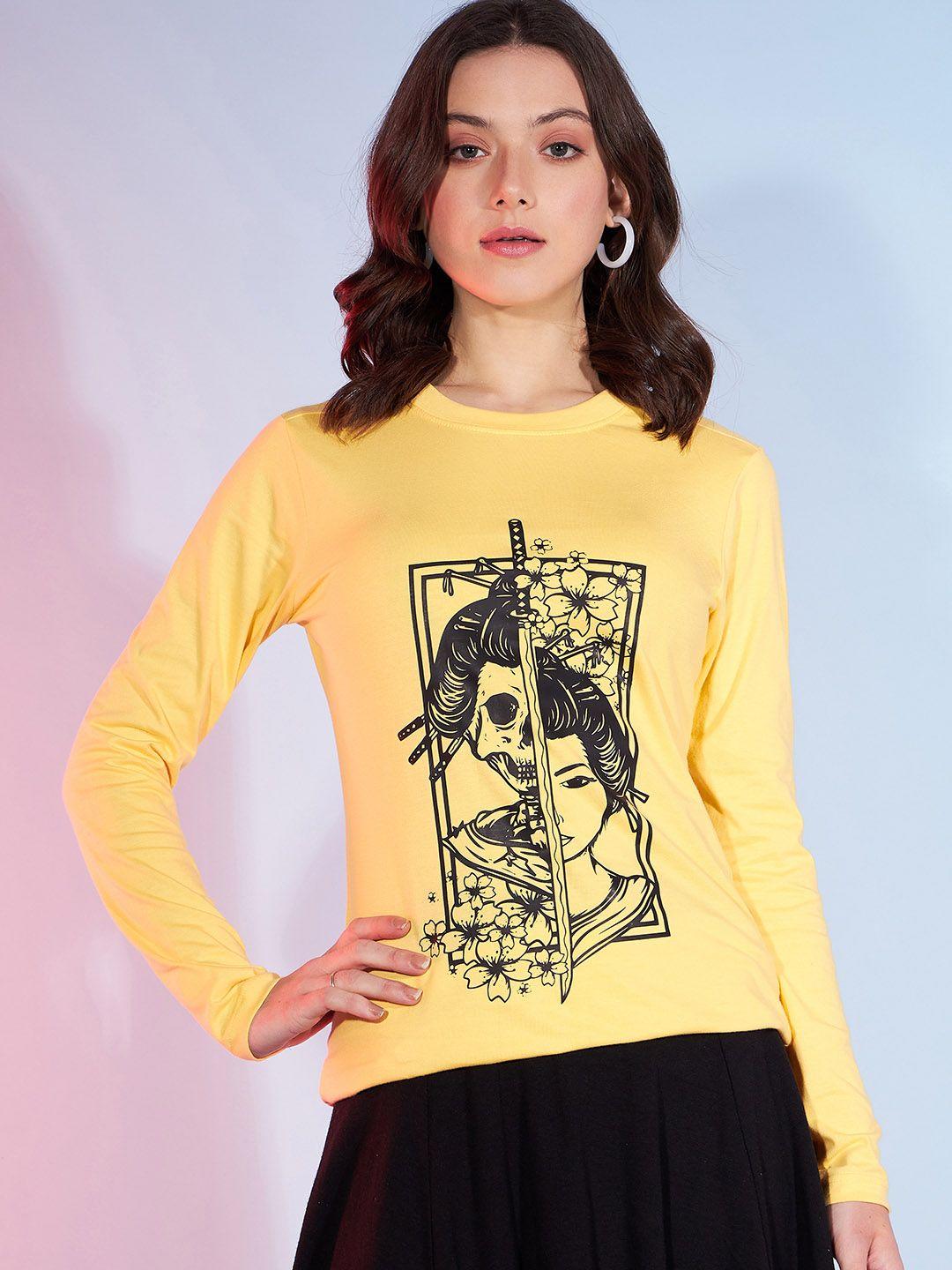 dressberry yellow graphic printed long sleeves pure cotton t-shirt