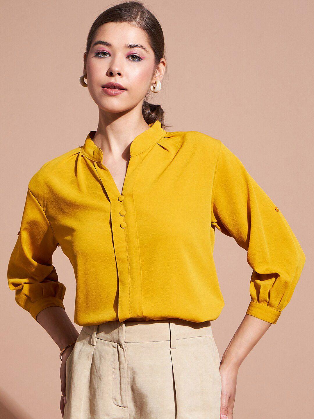 dressberry yellow mandarin collar puff sleeves shirt style top