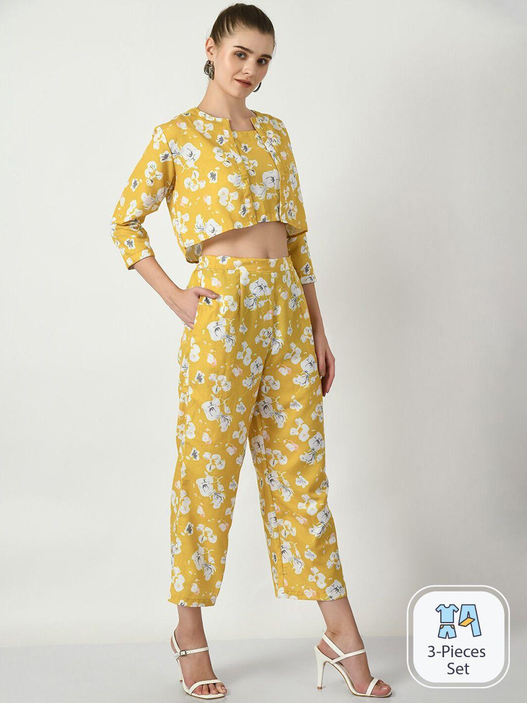 dressberry yellow printed linen top with palazzos & jacket