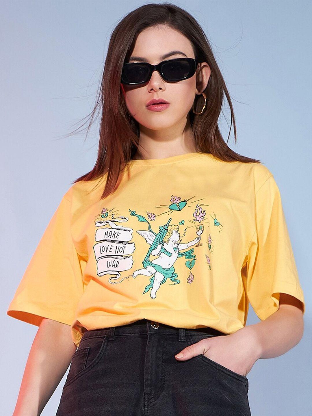 dressberry yellow self design cotton round neck raw edge t-shirt