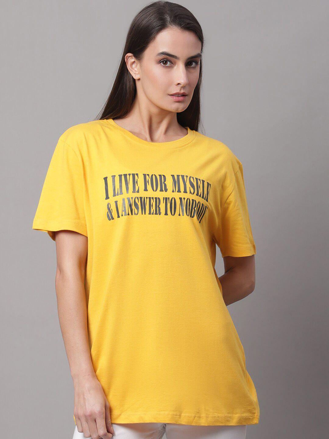 dressberry yellow typography printed drop-shoulder sleeves cotton t-shirt