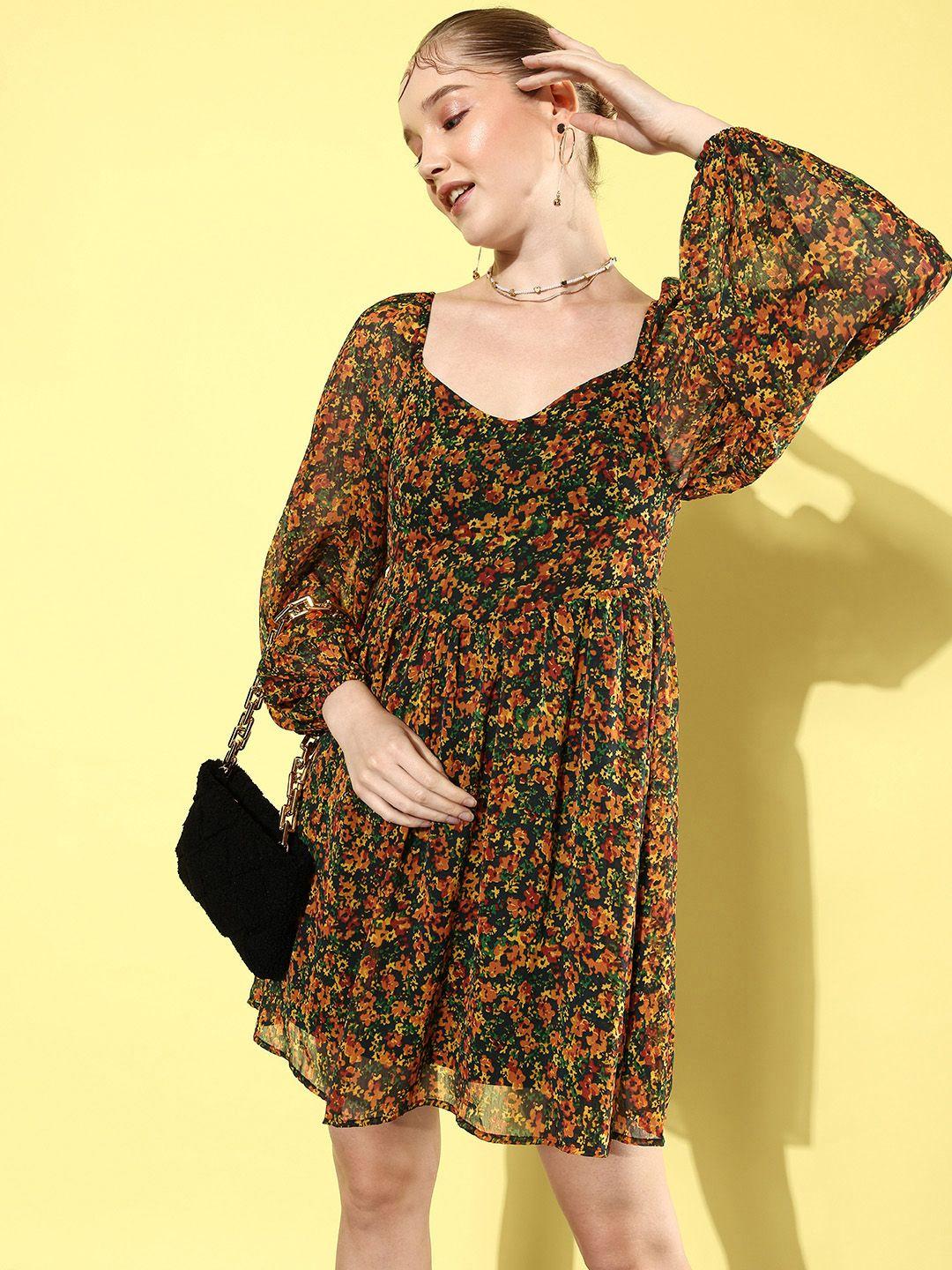 dressberry youthful green floral printed fit  flare the sun dress