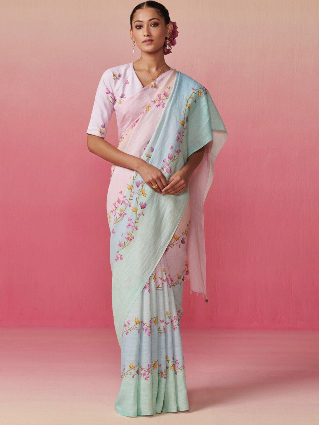 dressfolk floral printed pure linen saree