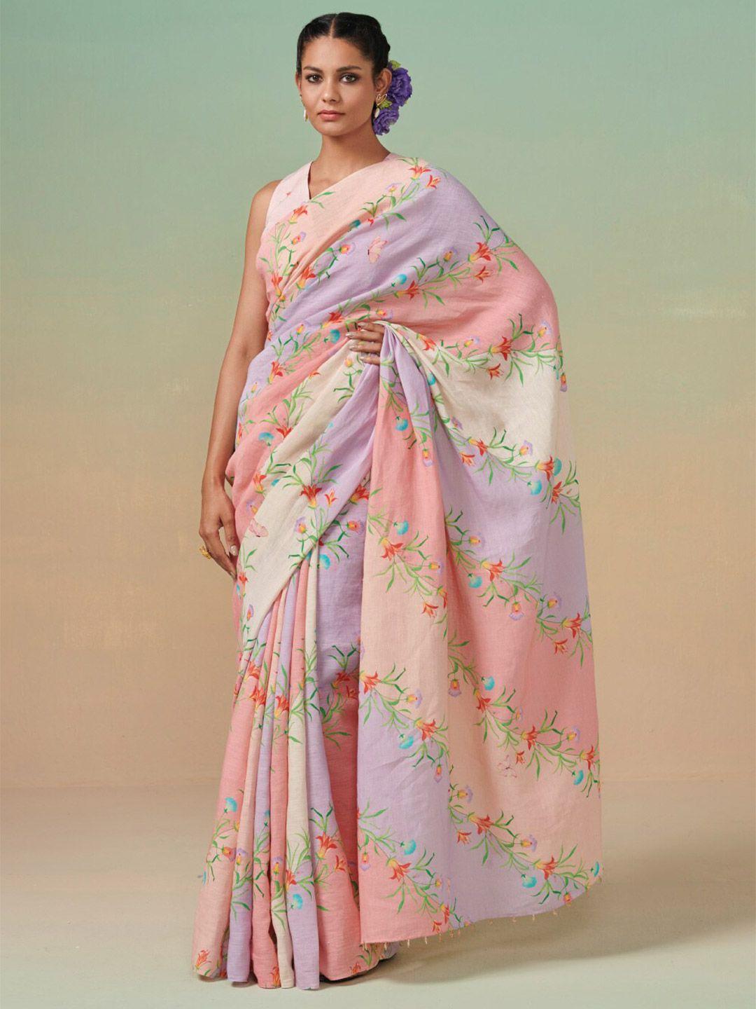 dressfolk floral printed pure linen saree