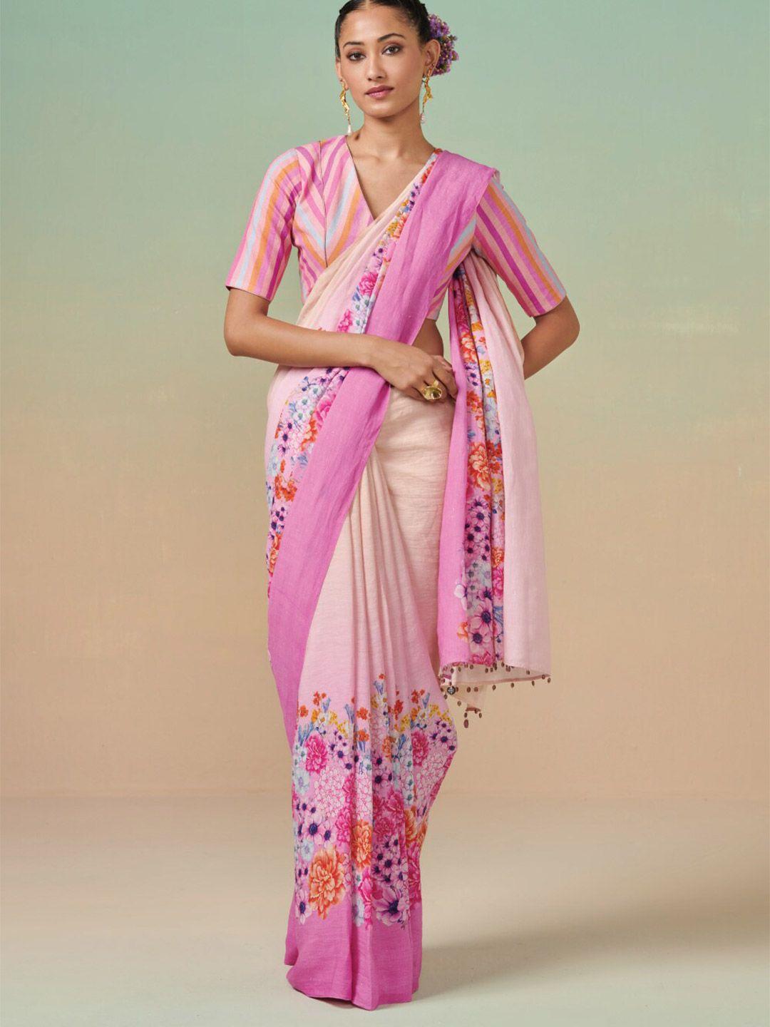 dressfolk floral printed pure linen saree