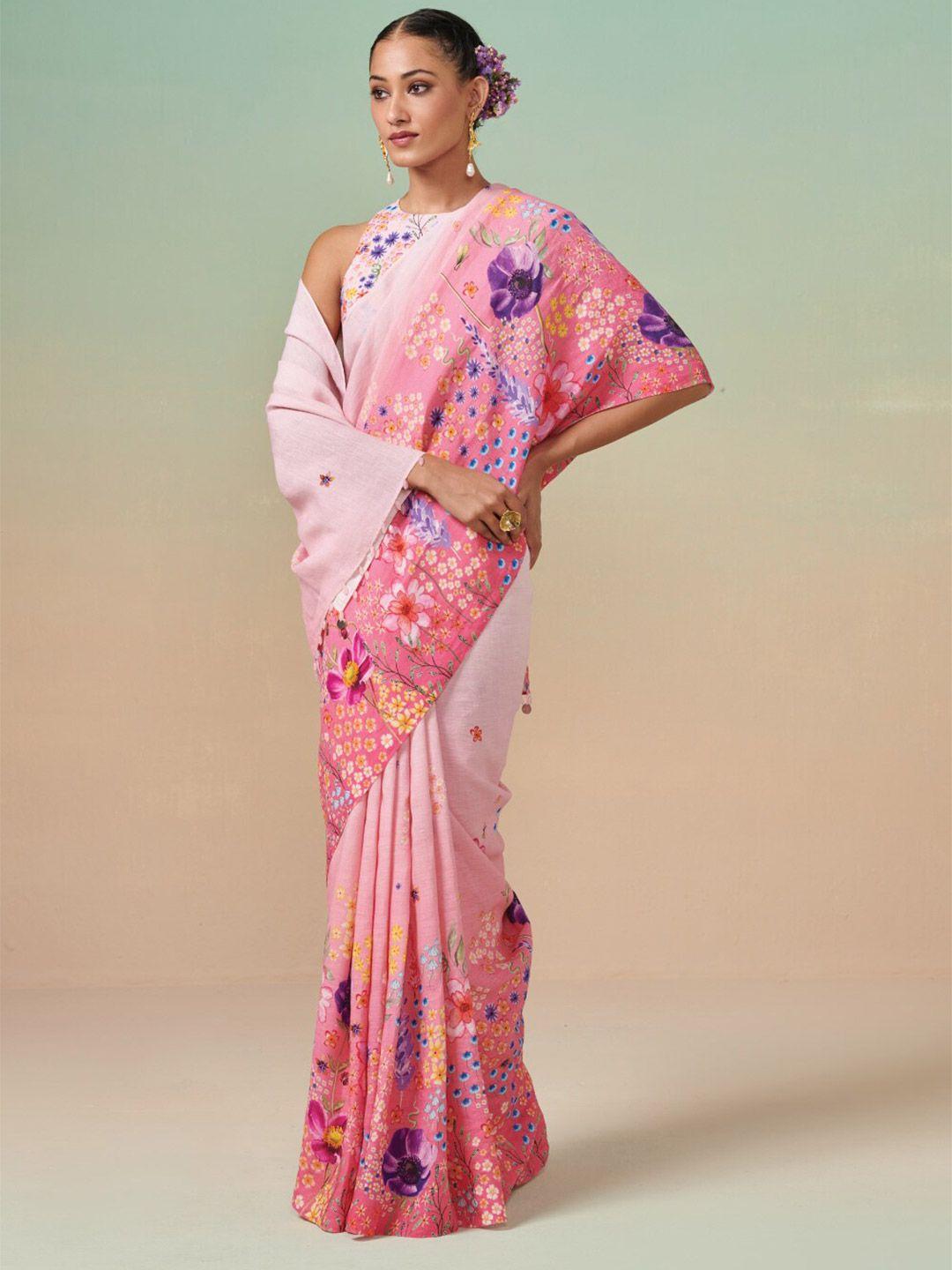 dressfolk floral printed pure linen saree
