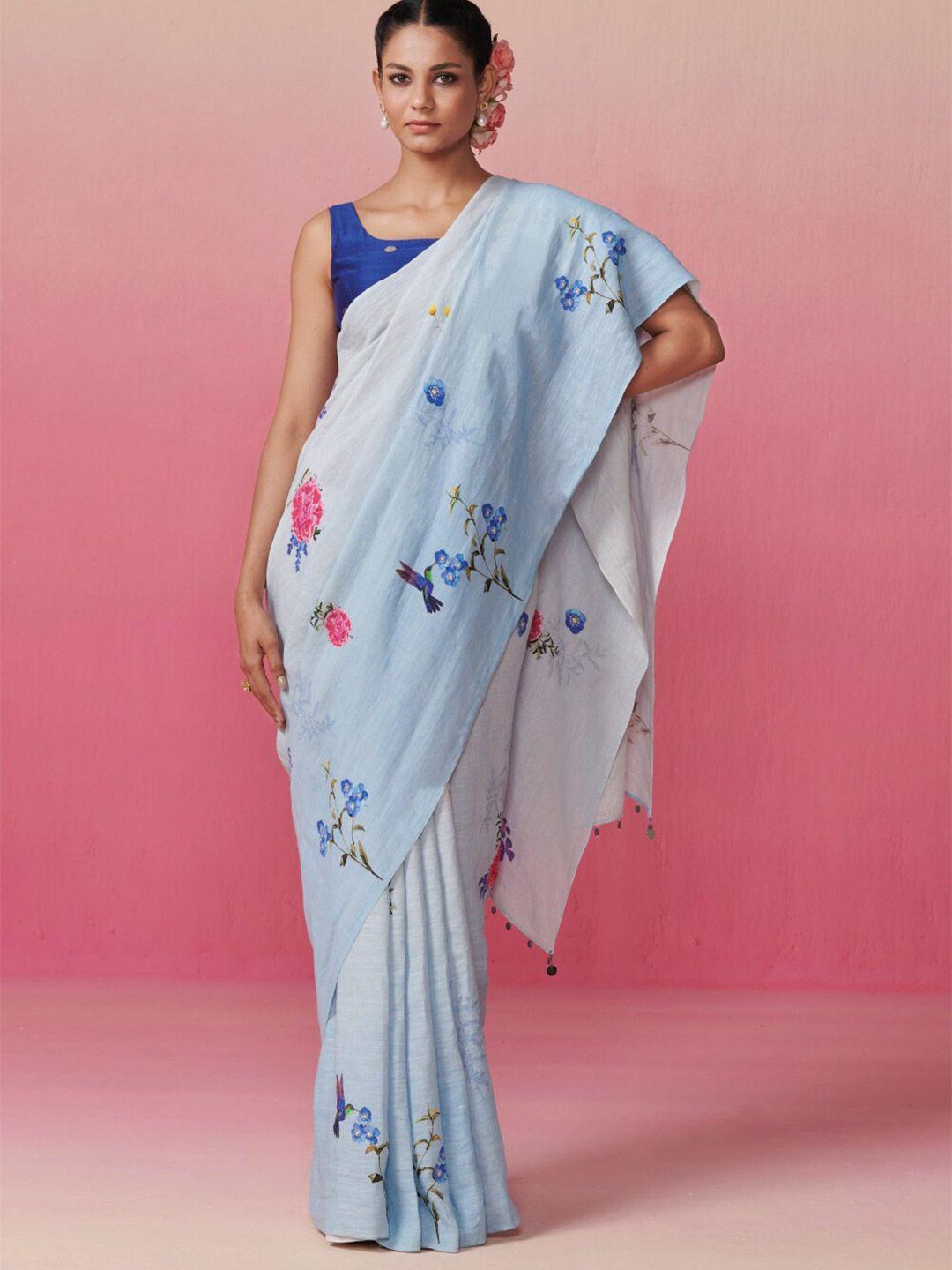 dressfolk floral printed pure linen saree