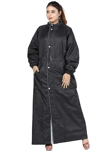 dressify® rainfighter women/ladies high neck raincoat | waterproof long raincoat with belt xl size black color