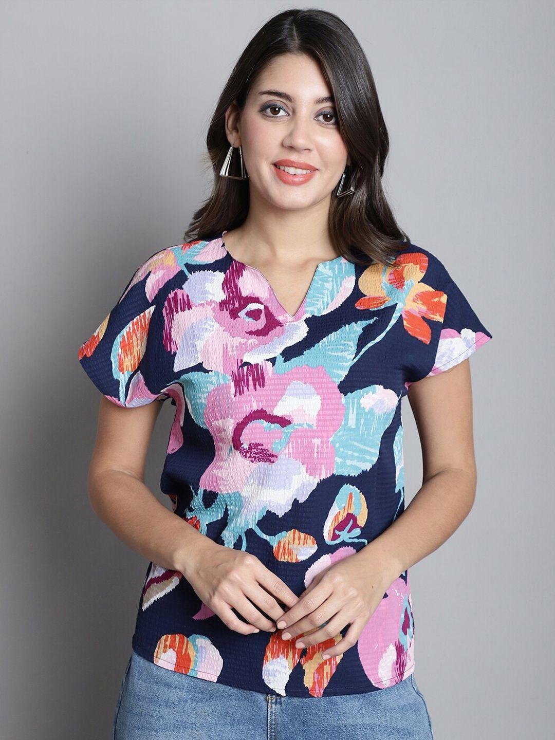 dressitude floral printed notched neck short sleeves opaque top