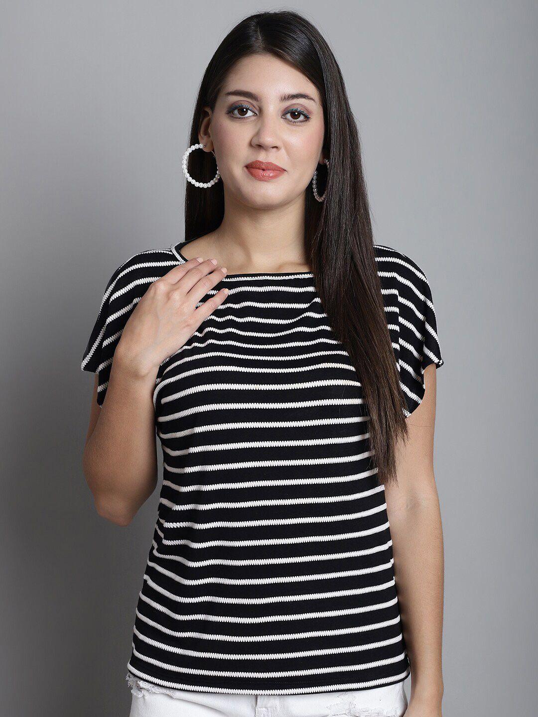 dressitude women black striped extended sleeves monochrome pockets t-shirt