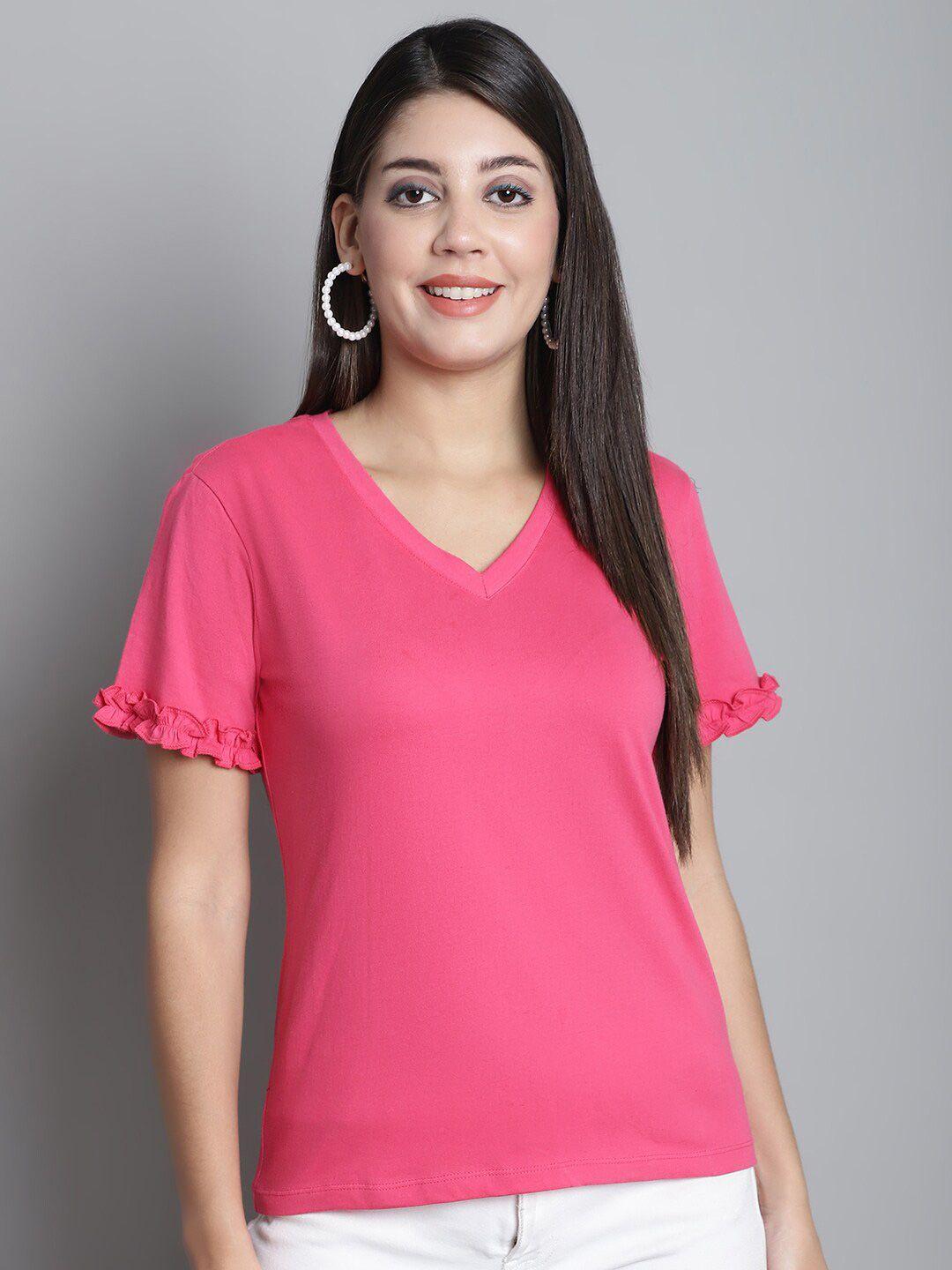 dressitude women pink v-neck extended sleeves applique t-shirt