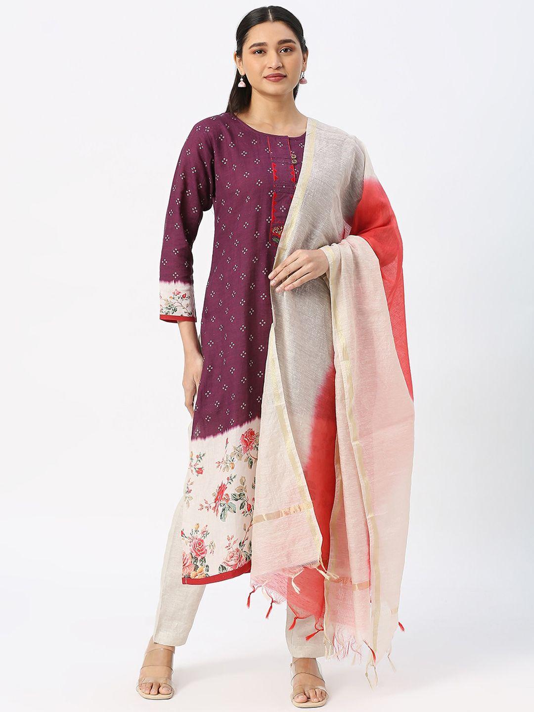 dressline ethnic motifs printed pure cotton kurta with trousers & dupatta
