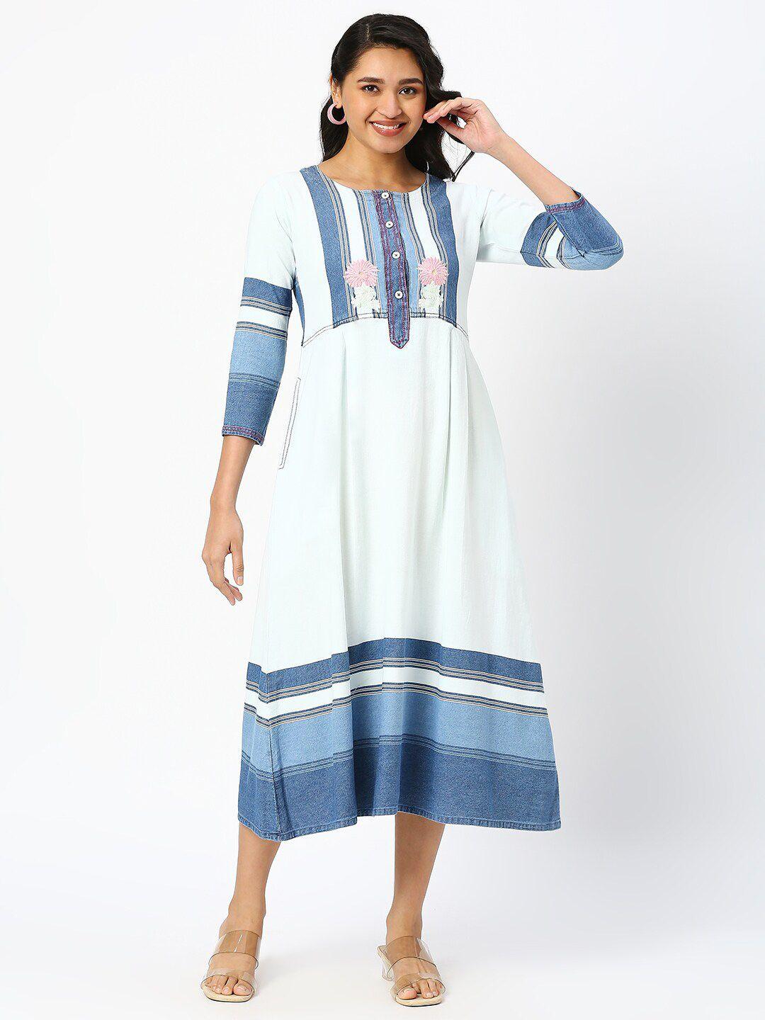 dressline blue striped denim fit & flare midi dress