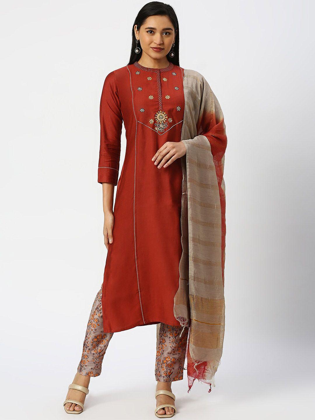 dressline floral embroidered regular thread work kurta with trousers & dupatta