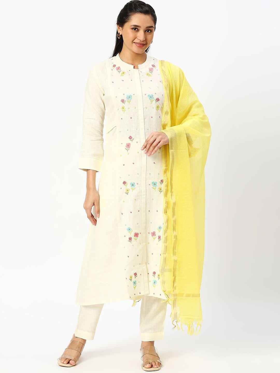 dressline floral embroidered regular thread work linen kurta with trousers & dupatta