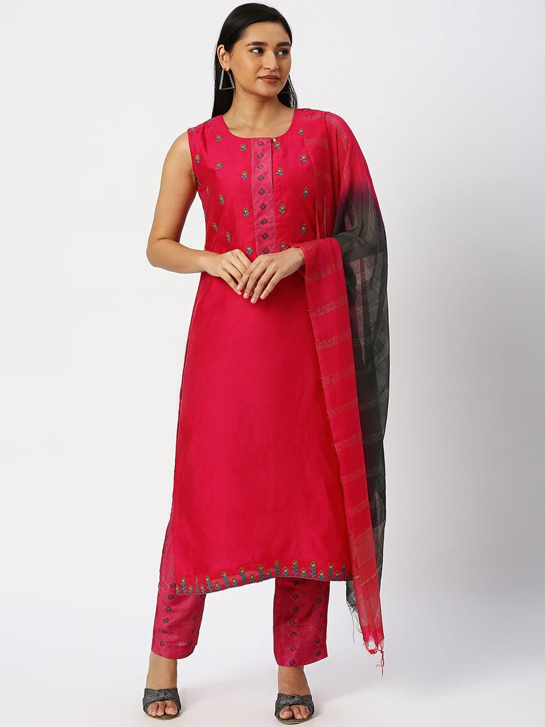 dressline floral embroidered thread work chanderi silk kurta with salwar & dupatta