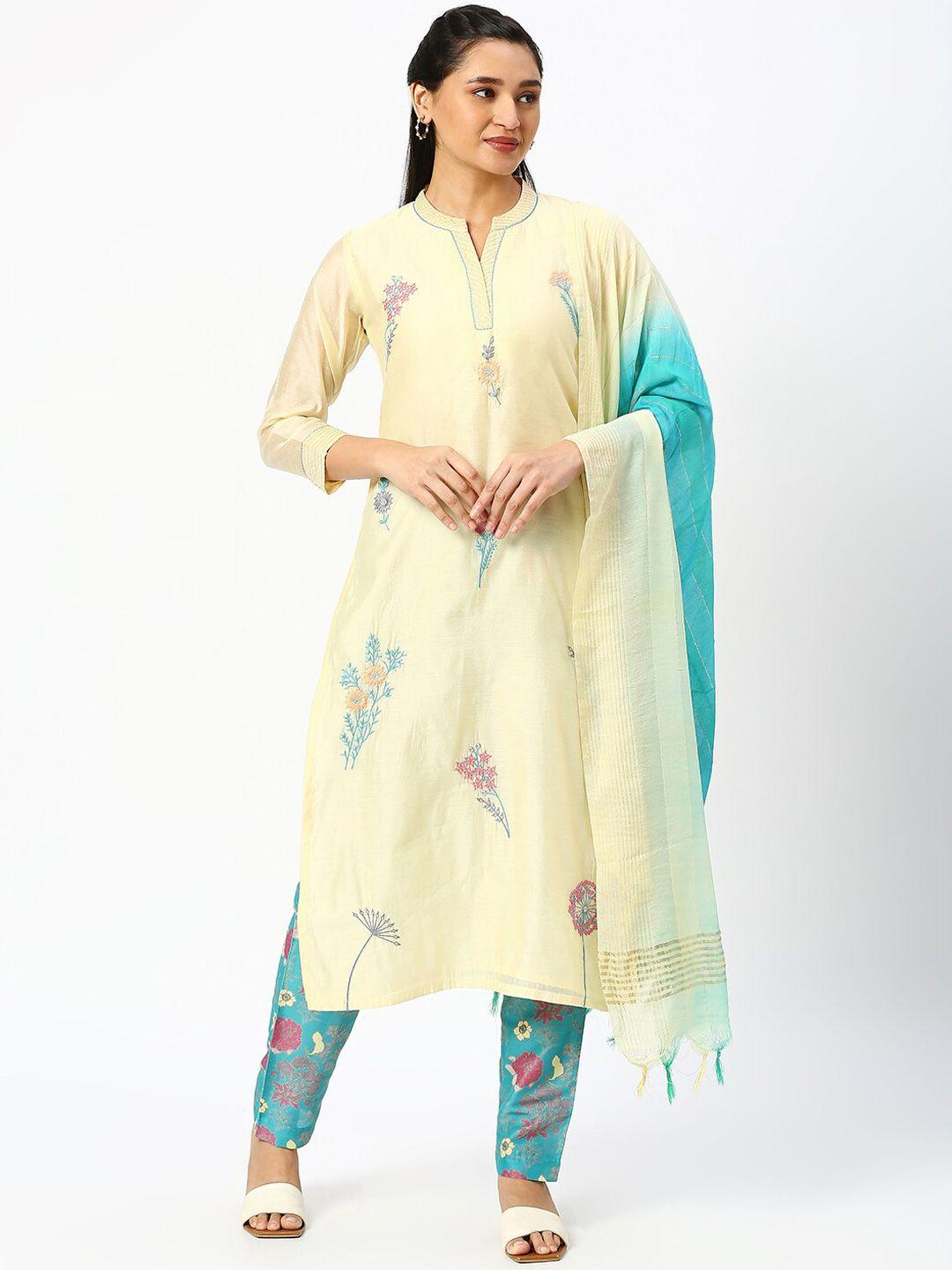 dressline floral embroidered thread work chanderi silk kurta with trousers & dupatta