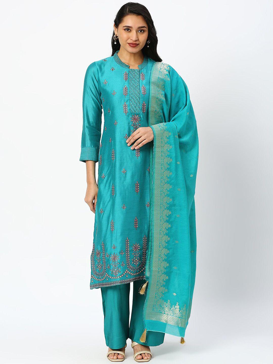 dressline floral embroidered thread work straight kurta & trousers with dupatta