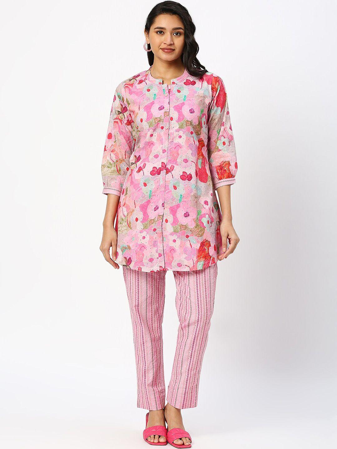 dressline floral printed mandarin collar kurta with trousers