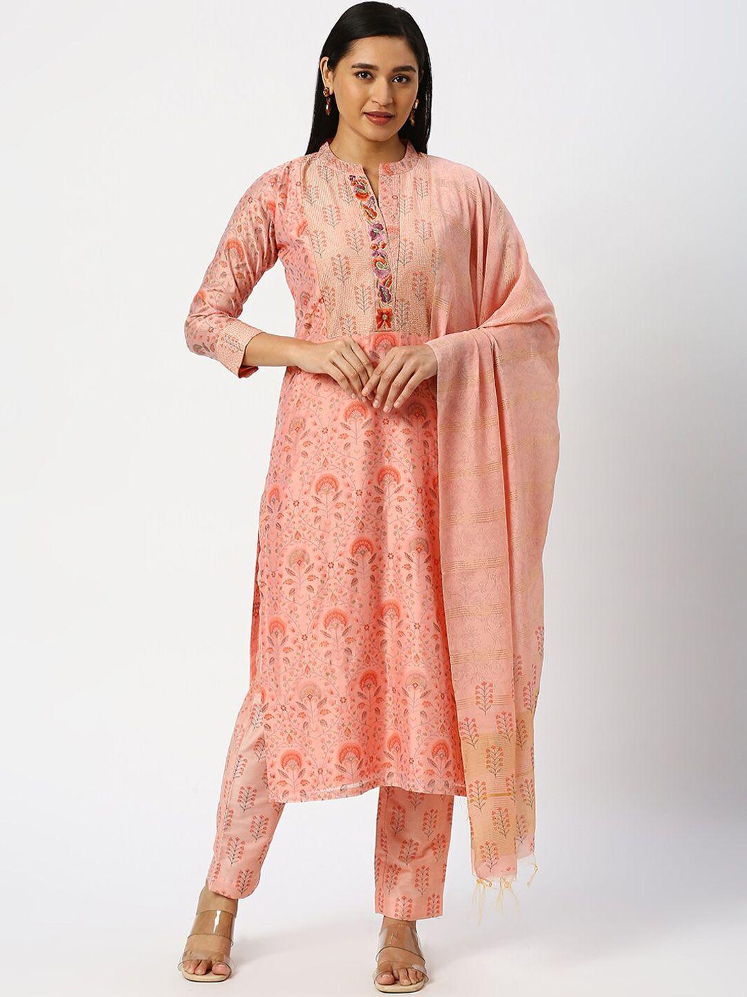 dressline floral printed regular thread work chanderi silk kurta with trousers & dupatta